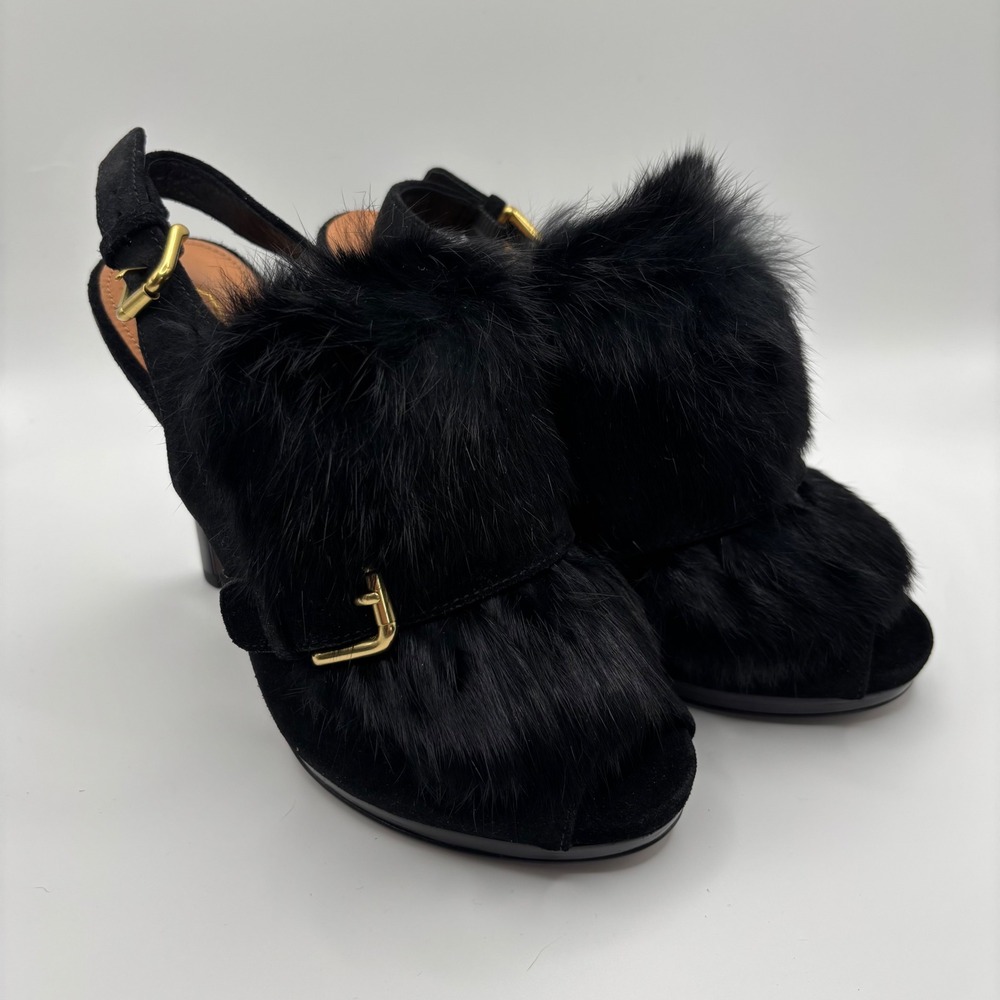Coach Sandals Women 6 Black Suede Rabbit Fur Slingback Stiletto Heel Gold Buckle